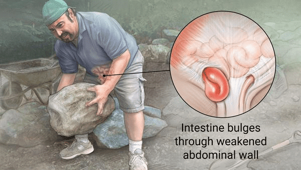 Image: Intestine bulges through weakened abdominal wall