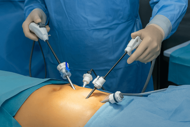 a minimally invasive laparoscopic surgery in progress, likely a gall bladder removal surgery (cholecystectomy).