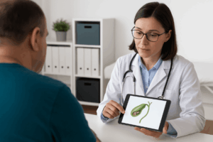 Doctor showing gallstone diagram to patient during consultation.