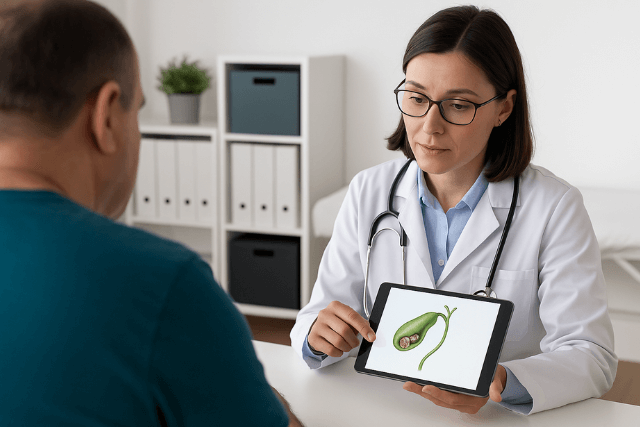 Doctor showing gallstone diagram to patient during consultation.