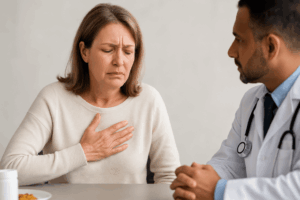 Woman with chest discomfort speaking to a doctor, illustrating acid reflux consultation.