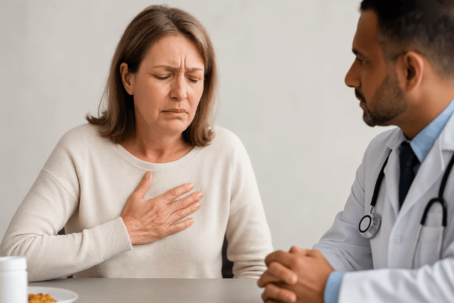Woman with chest discomfort speaking to a doctor, illustrating acid reflux consultation.